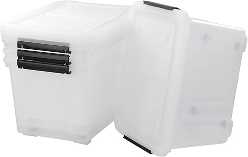 Bringer Paquete de 4 cajas de almacenamiento de plástico transparente de 30 L, contenedor de almacenamiento grande con ruedas con tapa