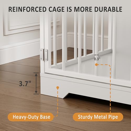 48'' Dog Crate Furniture, Farmhouse Dog Kennel Furniture with Dog Bowl & Storage Drawers, Heavy Duty Dog Cage End Table for Medium Small Dogs, White