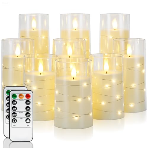 Image of Homemory 9 Pcs Flameless Candles with Embedded Star String Fairy Lights, Battery Operated Candles, LED Candle, Fake Candles with Remote Control and Timer (Ivory)