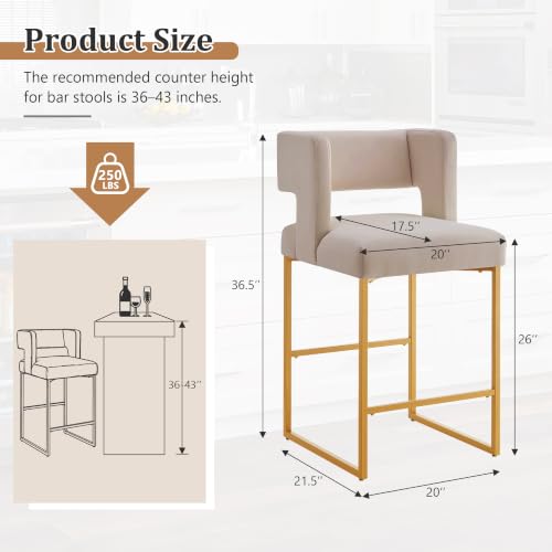 Image of Counter Height Bar Stools Set of 2, Taupe Velvet Bar Chair Gold Leg | 26 inch Seat Height Fits Standard Kitchen Islands, Upholstered Barstools, Back Support, Square Metal Legs, Footrest