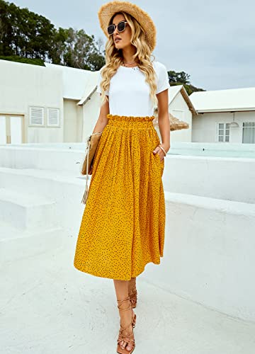 Women's Skirts Casual Pleated High Elastic Waisted Polka Dot Floral Midi Cover Ups Skirt With Pockets Yellow L #TOP1