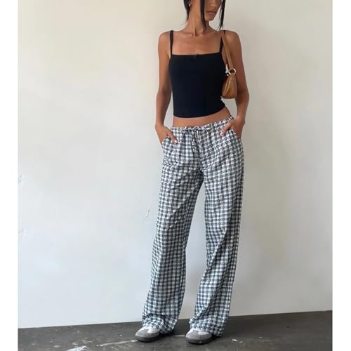 HOXIJIA Women Casual Striped Print Long Pants Elastic High Waist Loose Fit Straight Wide Leg Trousers Y2K Streetwear2