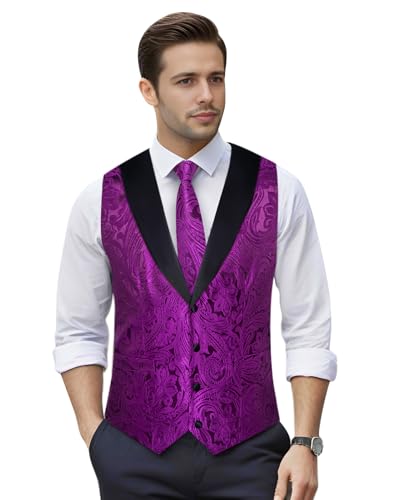 Image of DiBanGu Mens Paisley Suit Vest Silk Jacquard Waistcoat and Necktie Set Formal Shawl Collar Dress Vest 7PCS for Wedding Party