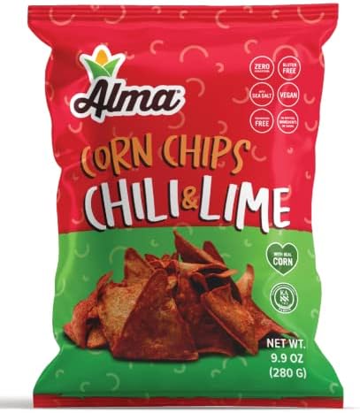 Alma Corn Chips with Chili & Lime - Never Crushed Gluten Free & Low Calorie Healthy Snacks made with Real Vegetables & Sea Salt - Low Carb - Low Sodium - Cholesterol Free - Non GMO - 9.9 oz Bags - 2 Pack