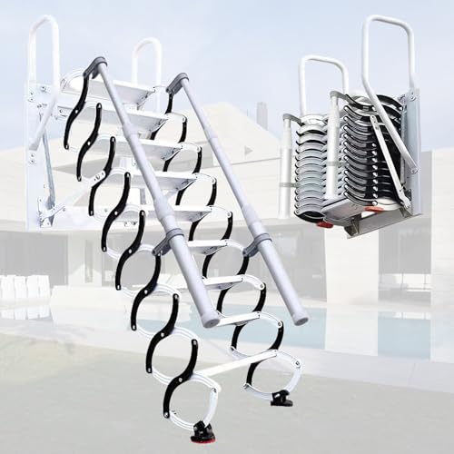 Image of 12 Steps Attic Stairs,Wall Mounted Folding Loft Ladder,Retractable Collapsible Stairs,Extension Steps Ladder with Armrests,Telescoping with Pulldown System(Black and White, Step 12)
