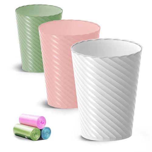 Image of Lysam Bathroom Trash Can, 3 Pack 1.8 Gallons Small Trash Can with Trash Bags, Bathroom Garbage Can, Plastic Trash Bin, Round Waste Basket for Bedroom, Office, Room (White Pink Green)