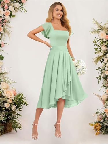 Chiffon Bridesmaid Dresses Short for Wedding with Ruffles Sleeve Square Neck Formal Party Dresses for Women GA1154