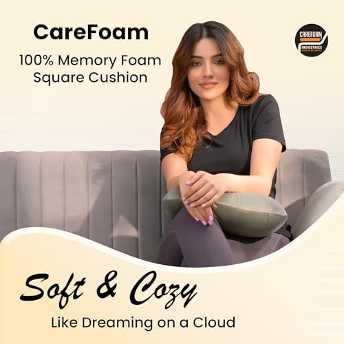 Image of CareFoam Memory Foam Square Cushion for Car, Sofa /Diwan, Bed, Chair & Decoration | Highly Durable, Hypoallergenic | 14 inchx 14 inch x 4 inch | Velvet Cover | Grey, Pack of 5