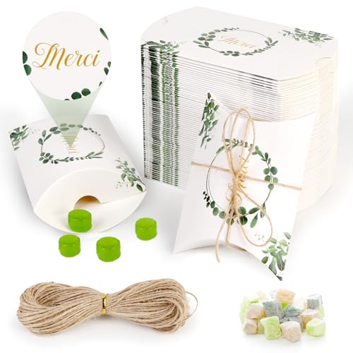 Lot de 50 Boîtes Dragées Mariage en forme de Coussin Boite Dragees Bapteme Comprend une Corde en Chanvre Boite Bonbon Contenant Dragées pour Mariage Fête...