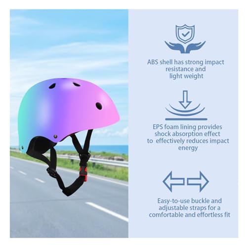 Image of Color Gradient Adjustable Kids Bike Helmet with Knee & Elbow Pads Set | Multi-Sport Safety Gear for Boys & Girls Ages 5-14 | Skateboarding, Scooters, Roller & Inline Skating, Longboarding