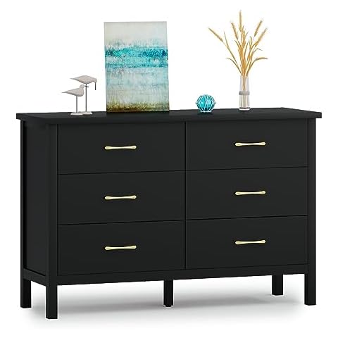 JOZZBY Dresser for Bedroom with 6 Drawers, Modern Black Dresser with Golden Handles, Wood Storage Organizer Chest of Drawers for Nursery, Hallway Cover
