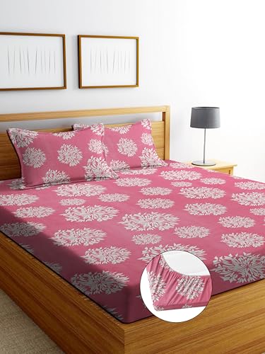 Image of DECORUM Glace Cotton Fitted 1 Bedsheet King Size (72 inchx78 inch) | All Around Elastic | Cotton Feel | 2 Pillow Covers (17 inchx27 inch) | Fits Up to 8 inch Mattress | 200-220 TC | Printed Double Bed Sheet Set
