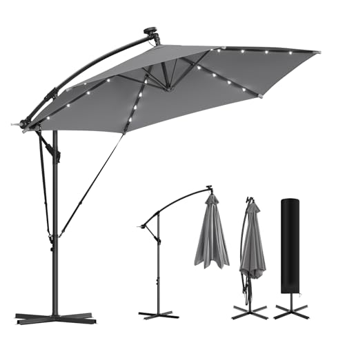 WOLTU 3m Garden Parasol with LED Lights Solar-powered 360 Rotation Banana Parasol Cantilever Design Wind Resistant Round Patio Umbrella with Cross Base Umbrella Cover Crank Handle Dark Grey