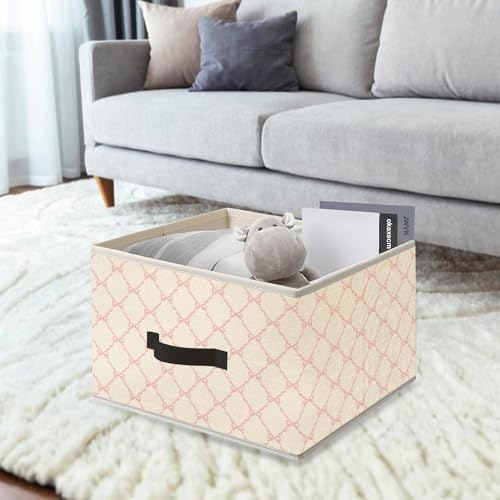 Image of Coquette Pink Bow Storage Bins, Preppy Girly Pink Ribbon Aesthetic Collapsible Fabric Storage Basket Organizer for Clothes Toys Books Girls Room Dorm Bedroom