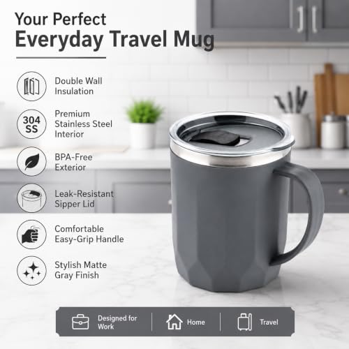 Image of MAGIC SPOON Stainless Steel Travel Coffee Mug with Sipper Lid & Handle, Insulated Tea Cup, BPA-Free Double Wall Tumbler for Hot-Cold Beverages, Office, Home, Car- Beige-Grey, (Combo Pack (400ml X 2))