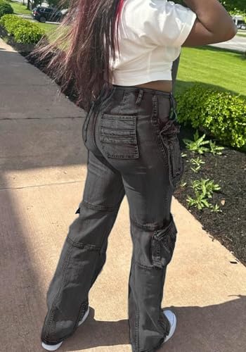 Baggy Jeans Women High Stretch Zipper Slit Striaght Leg Cargo Pants2