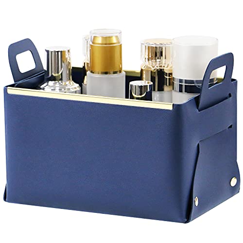 Olrla Petit panier de rangement imperméable et pliable avec poignée, en cuir synthétique pour chambre à coucher, salle de bain, articles de toilette, articles divers (bleu ciel 1) Cover