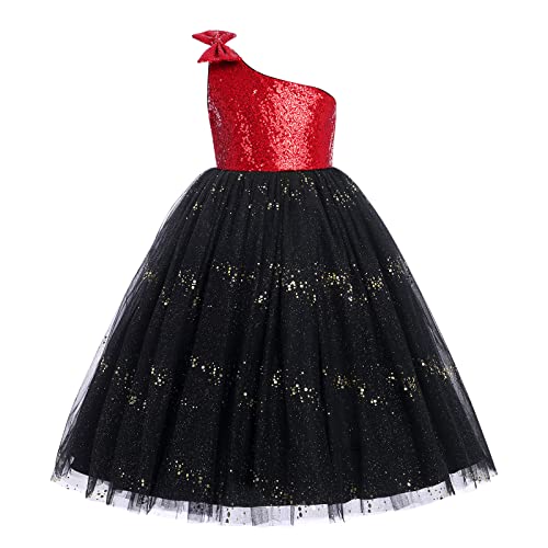 Sequin Dress for Girls One Shoulder Shiny Bow Flower Girl Dresses Pageant Wedding Birthday Prom Sparkly Princess Tulle Gown