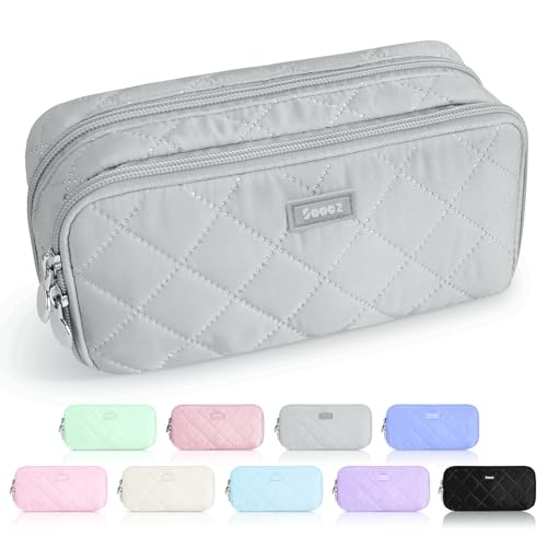 Image of Sooez Large Pencil Case Pouch, Extra Big Pencil Bag with 8 Compartments, Pen Bag Wide Opening, Soft Quilted Pencil Pouch Organizer with Zipper, Portable Pencil Case for Teen Girls, Gray