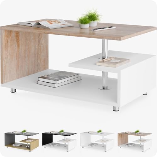 CASARIA® Wood Modern Coffee Table | 3 Tiers | Shelf Storage Space | Height Adjustable | 95x55 cm | Wooden, Scratch-Resistant | Modern Side Table for Living Room | White & Oak Effect