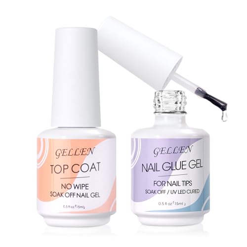 Gellen Nail Glue Gel &amp; No Wipe Top Coat, 5 in 1 UV Nail Glue for Acrylic Nails, High Shiny Top Coat Gel, Curing Needed Extend Gel for False Tips &amp; Clear Press on Nails, Home Salon DIY Manicure