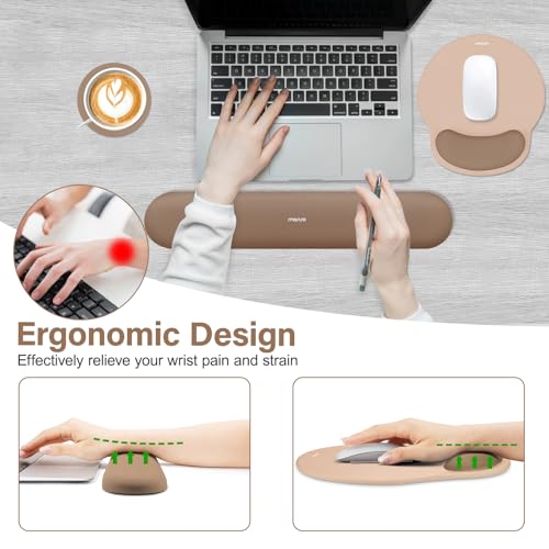 Image of MOSISO Wrist Rest Support for Mouse Pad&Keyboard Set, Circle Curved Ergonomic Mousepad&Coaster Non-Slip Base Home /Office Pain Relief&Easy Typing Pad with Soft Cloth&Silicone Lining, Mocha