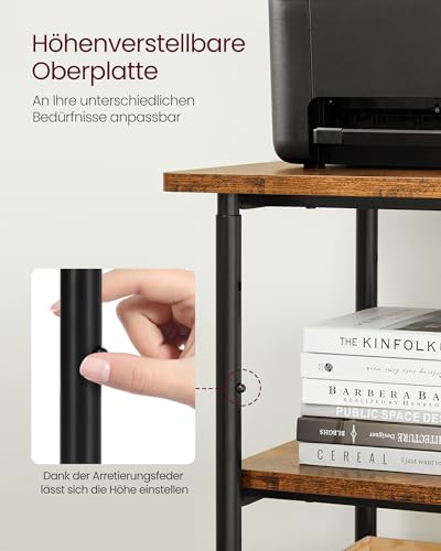 VASAGLE Druckertisch mit Rollen, 3-stufiger Druckerständer, verstellbare Tischplatte, belastbar, Aufbewahrungsregal, industriell, für Büro Arbeitszimmer, vintagebraun-schwarz OPS003B01V1