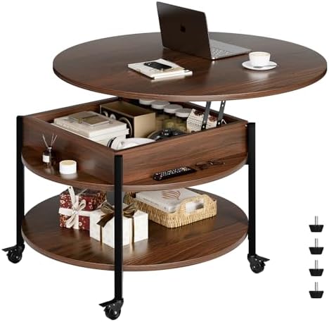 FABATO Round Lift Top Coffee Table With Wheels, 26.77'' Rolling C...