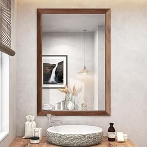 SMIROR 24×36 Inch Wood Grain Bathroom Mirrors for Over Sink Walnut Metal Framed Vanity Mirror for Wall Rectangular Right Angle Corner Thick Frame HorizontallyVertically