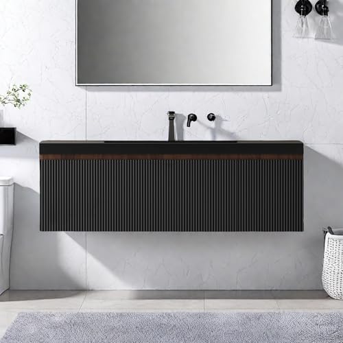 Image of Wall Mounted Bathroom Sink Vanity, Modern 48 inch Floating Vanity with Resin Basin, U-Shaped Soft-Close Storage Drawer & Side Door, Striped Bathroom Storage Cabinet with Invisible Handle, Black