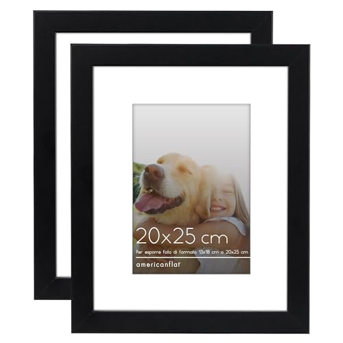 Americanflat Cornice 20x25 cm Nera - Set di 2 Cornici Foto 13x18 cm con Passepartout o 25x20 cm senza Passepartout - Portafoto con Vetro Antiurto e Cavalletto - Cornici da Parete e da Tavolo