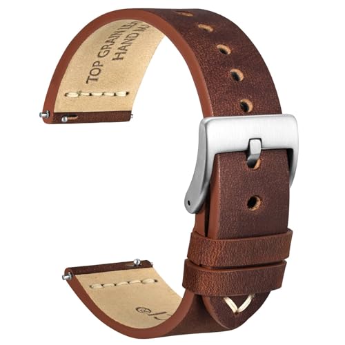 WOCCI 18mm Old-fashioned Watch Band for Men, Top Grain Leather, Silver Brushed Buckle (Pecan Brown)