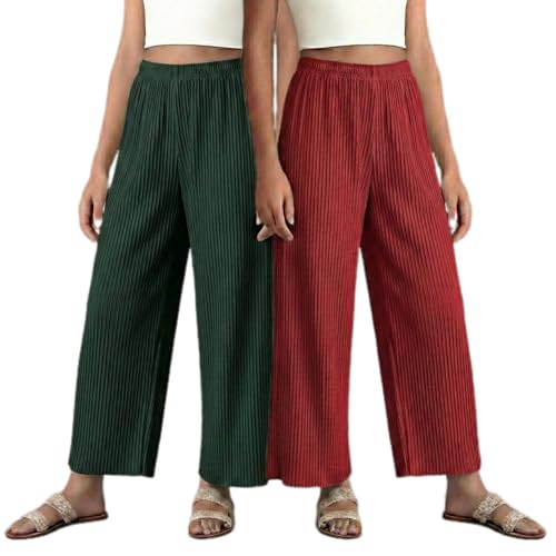 Image of Set of Combo Trouser and Pants for Girls and Women's Relaxed Fit Stretchable Regular Fit Palazzos Lightweight Elastic Waistband Bottoms for Daliy Office & Casual Wear