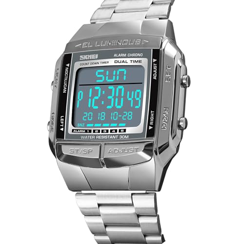 ZJchao Männer Analog Digitales Uhr Edelstahl Band 2 Zeit Display 5 Alarm Hintergrundbeleuchtung Wasser für Casual Sports Outdoor (Silver)