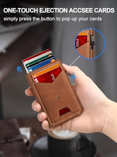 Image of Wallet for Men, Slim Minimalist Wallet with Money Clip＆ID Window, RFID Blocking Pop-Up Credit Card Holder, Smart Auminum Mens Wallet Holds 9-13 Cards (Gift Box) (Brown)