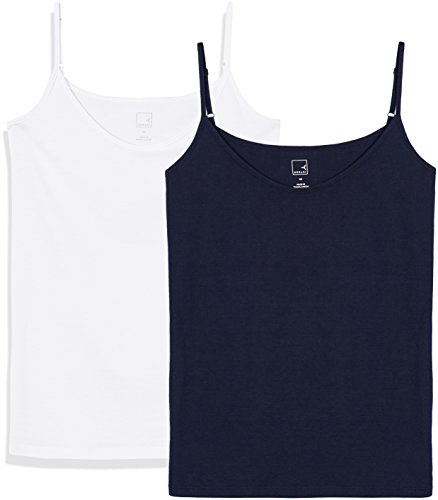 Marca Amazon - MERAKI Camiseta Mujer de Tirantes, Pack de 2, Azul (Night Sky/white), 40, Label: M