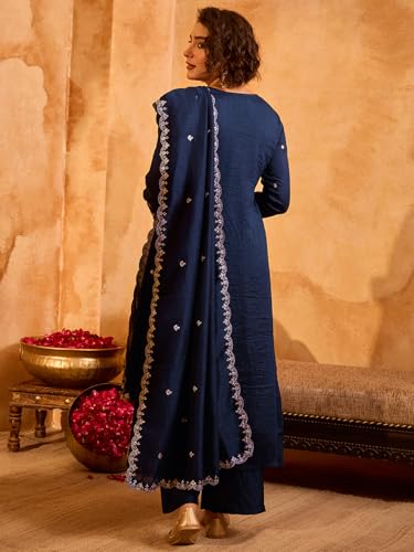 Image of Naixa Women's Vichitra Silk Embroidered A-Line Kurta with Pant and Dupatta Sets (NX-845)