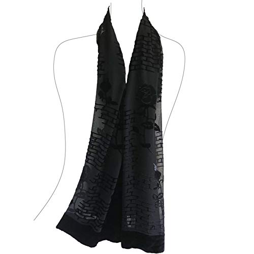 Silk Base Burn-out Velvet Shawl, 72" L x 21" W, Rose & Wall, Black_Grey2