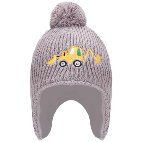BAOPLAYKIDS Toddler Boys Fleece Lined Knit Kids Hat with Earflap Winter Embroidery Excavator Hat Grey Cover