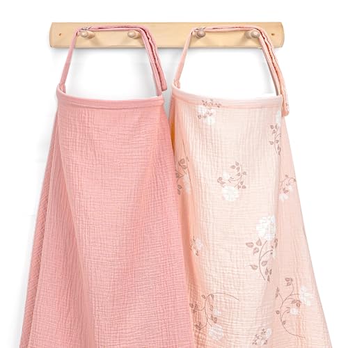 Image of 2 Pack Muslin Cotton Nursing Cover for Breastfeeding, Privacy Breathable Breastfeeding Cover Cover up with Arch Neckline for Mom, 100% Cotton Nursing Apron, Floral and Pink