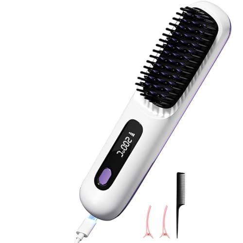 Cepillo de aire caliente inalámbrico de iones negativos, peine caliente de 20 segundos, cerámica de calentamiento rápido y diseño antiquemaduras para todo tipo de cabello, recargable por USB (blanco)