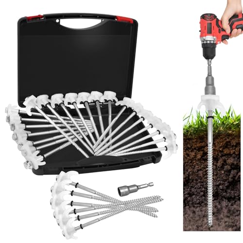 20 Pack 8' Screw in Tent Stakes Heavy Duty- Ground Anchors Screw- Tent Pegs Camping Stakes- Hex Pegs Drillable Tent Stakes and Hexagon Head Drive and Storage Box (White)
