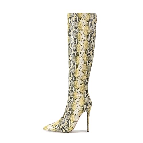 Zebra print black red burgundy purple knee high boots for women Orange High heeled Pointed toe Back zipper big size Stiletto heel Cow print shoes gold snakeskin boots