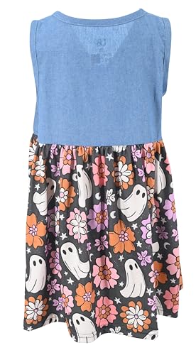 Image of Unique Baby Girls Sleeveless Denim Dress with Knot Tie and Fun Print for Toddler and Big Kids