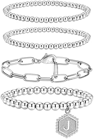 doubgood Silver Beaded Bracelets for Women, Stackable Silver Bracelets for Women Men Stretch Silver Bead Ball Bracelet with Letter Pendant J