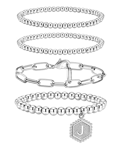 Doubgood Silver Beaded Bracelets For Women, Stackable Silver Bracelets For Women Men Stretch Silver Bead Ball Bracelet With Letter Pendant J #TOP3