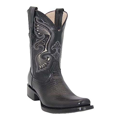 Men's Genuine Leather Lizard Print Black Cowboy Boot Square Toe Mid Calf