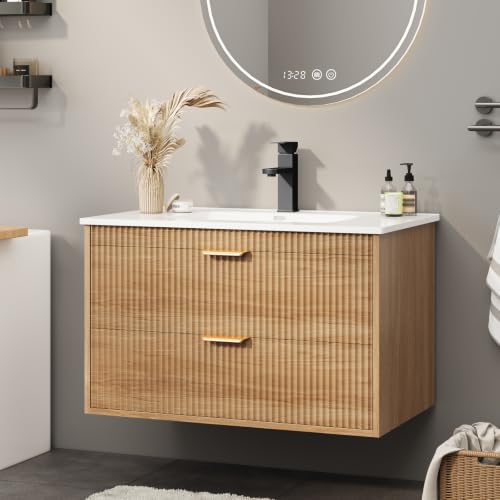 Vabches 24 Inch Bathroom Vanity with Sink Wood Grain Wall Mounted Vanity with 2 Storage Darwers Floating Bathroom Vanity with Storage Bathroom Floating Vanity with Sink Oak