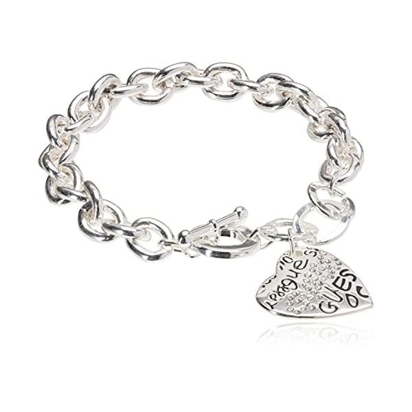 GUESS "Basic" Silver and Crystal Graffiti Heart Toggle Charm Bracelet