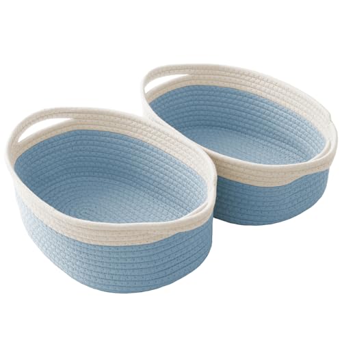 Image of JMvicyroam Small Woven Basket, Empty Gift Basket, White&Blue /2 Pack | Small Gift Basket, Cotton Rope, 12 x 8 x 64 in, Handles, Includes Ribbon and Bag, Birthday Gift Basket